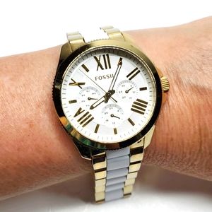 Fossil Watch AM4645 Gold White Two Tone Wristband White Face Chronograph